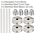 Mason Jar Tabletop Torch Kits,4 Pack Longlife Fiberglass Wicks,Stainless Steel Mason Jar Lids Caps Included