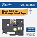 Brother Genuine P-touch, TZe-B31CS, 0.47” x 16.4’, Black on Fluorescent Orange Laminated Label Tape