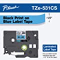 Brother Genuine P-touch, TZe-531CS, 0.47” x 26.2’, Black on Blue Laminated Label Tape 