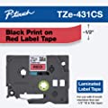 Brother Genuine P-touch, TZe-431CS, 0.47” x 26.2’, Black on Red Laminated Label Tape 