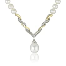 S&G Sterling Silver and 14k Yellow Gold Freshwater Cultured Pearl and Diamond Drop Necklace